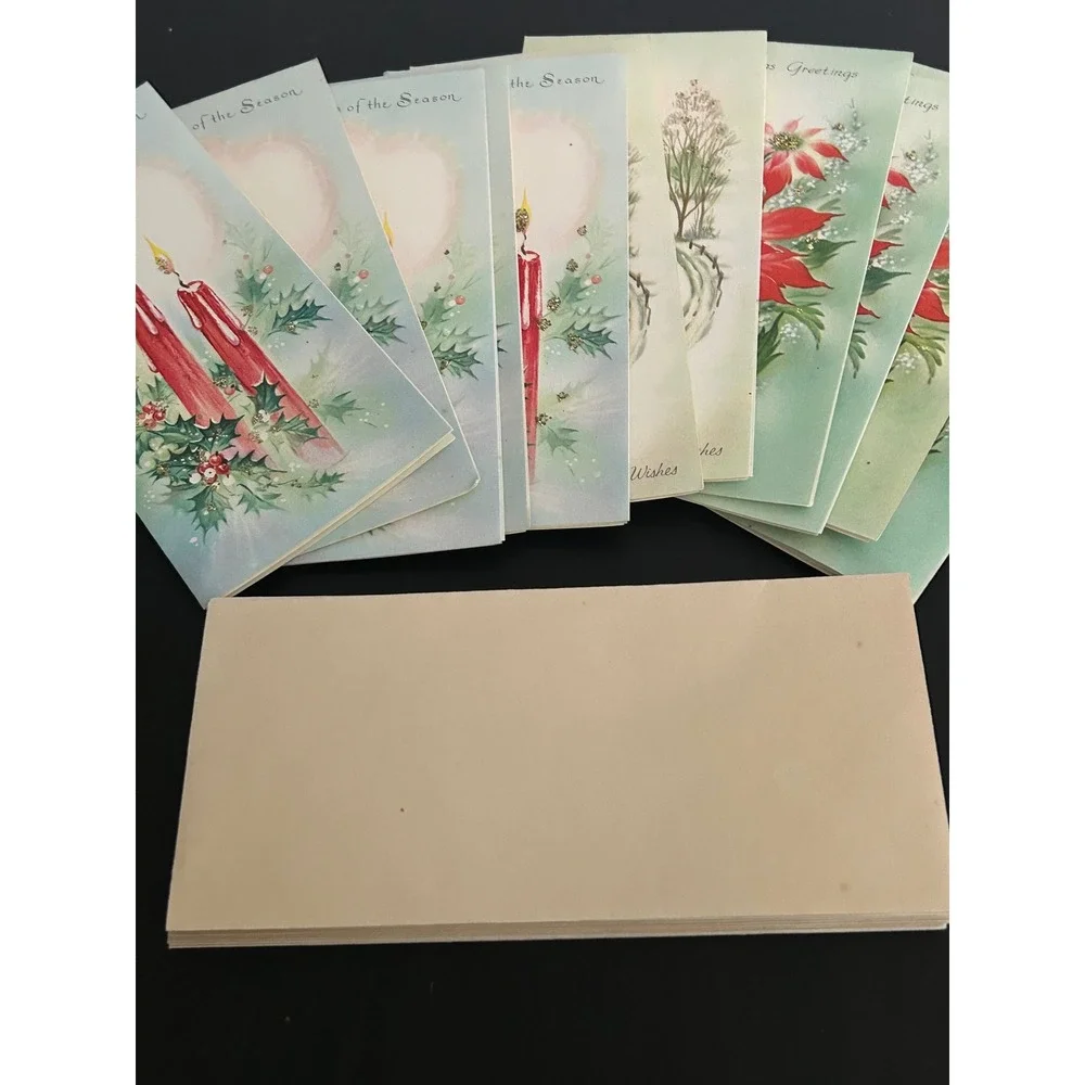Christmas Cards Glitter Bulk Lot  Vintage Glitter Poinsettia Candle Winter Scene